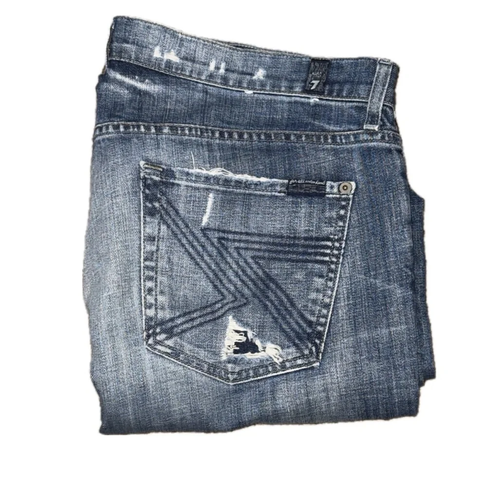 👖🛹 7 FOR ALL MANKIND Men's Y2K Blue Distressed Bootcut Jeans Made USA Sz 38x33
